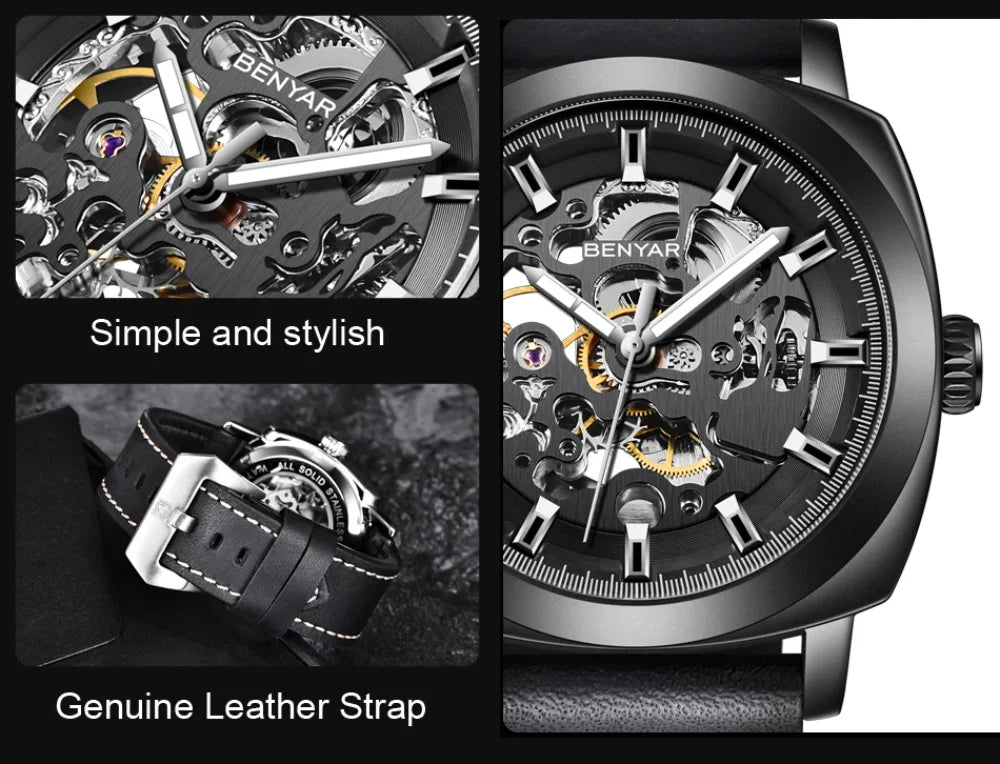 BENYAR Watch for Men Luxury Skeleton Tourbillon Automatic Mechanical Men's Watch 30M Waterproof Leather Strap Sports Reloj Hombre