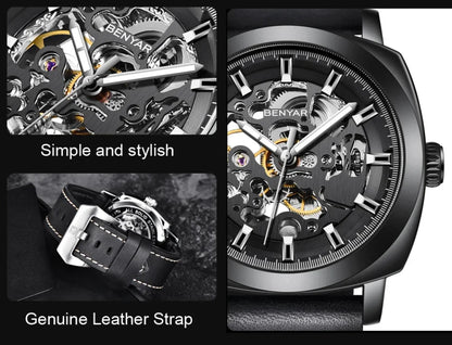 BENYAR Watch for Men Luxury Skeleton Tourbillon Automatic Mechanical Men's Watch 30M Waterproof Leather Strap Sports Reloj Hombre