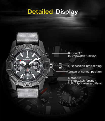 NORTH EDGE 2025 BLAZE Men's Watches Solar Power 316 stainless steel Case Quartz Watch For Men Pilot Waterproof 50M Stopwatch