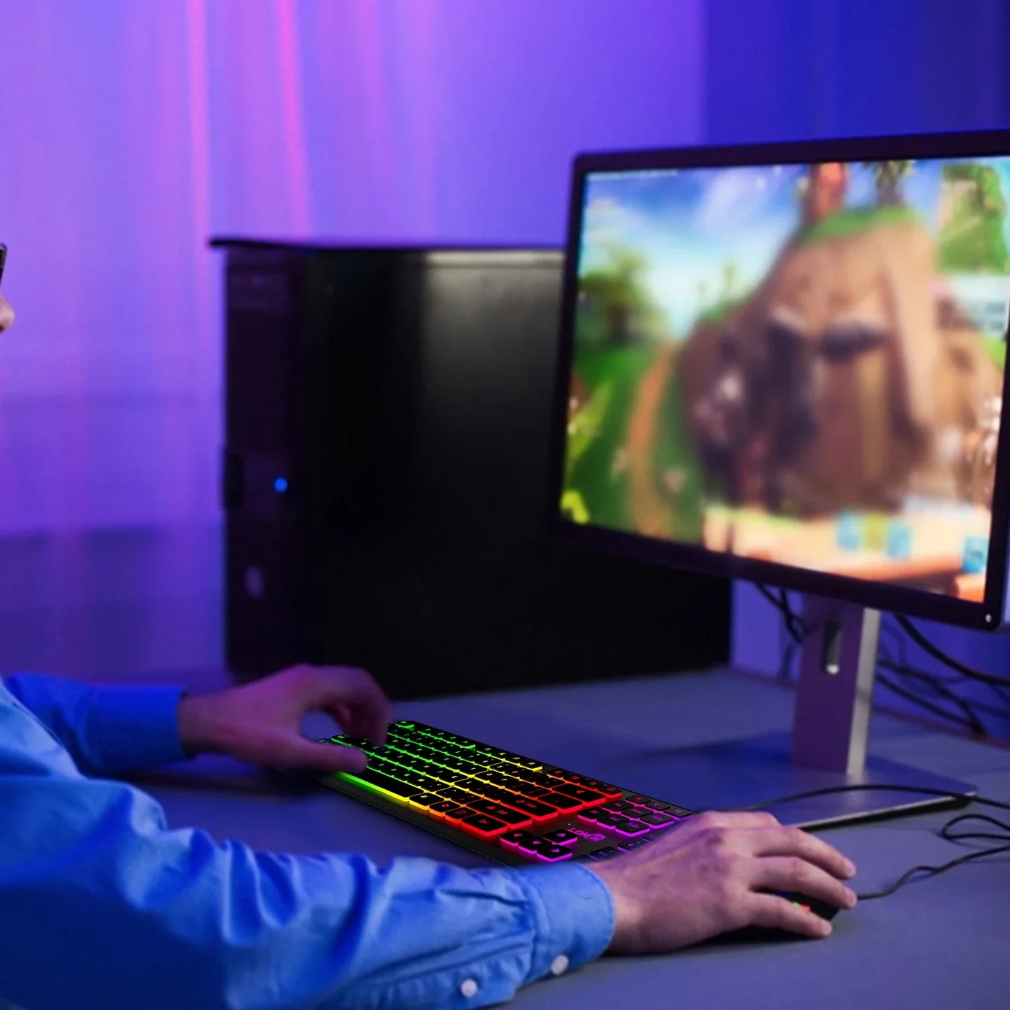 Tastiera da gaming per computer retroilluminata RGB silenziosa, tastiera cablata USB per ufficio e casa, russo, francese, spagnolo, tedesco, arabo, inglese