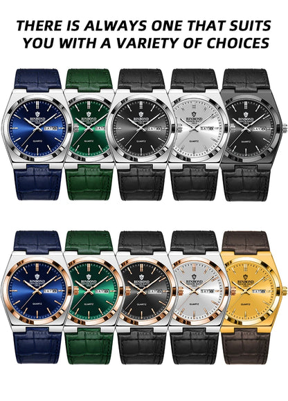 BINBOND Luxury leather strap quartz wristwatches precise luminous waterproof auto date week display durable men's watch reloj