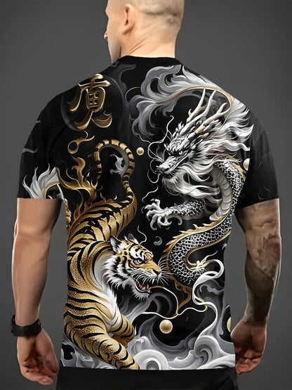 Men's Summer Graphic Tee Dragon & Tiger Duel Design Casual Short Sleeve T-shirt 2025 Fashion Casual O-Neck Shirt