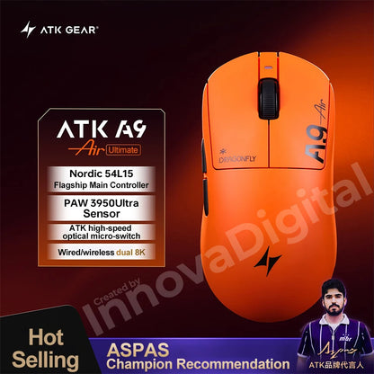 ATK Dragonfly A9 Ultimate Wireless Gaming Mouse, PAW3950 Ultra Sensor, 8KHz Polling Rate, Ultra Lightweight Ergonomic Gaming Mouse for FPS & Esports