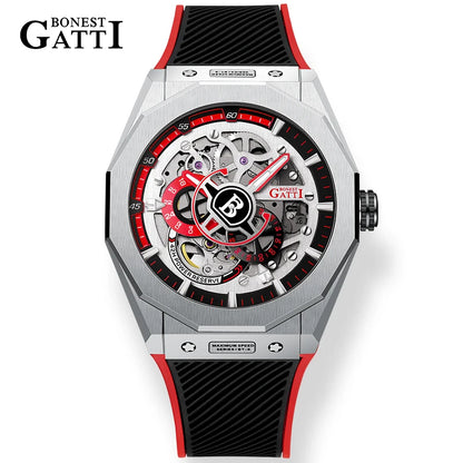 BONEST GATTI BG7601 Men Automatic Mechanical Watch Sapphire Crystal Waterproof Luminous Rubber Strap Wristwatch