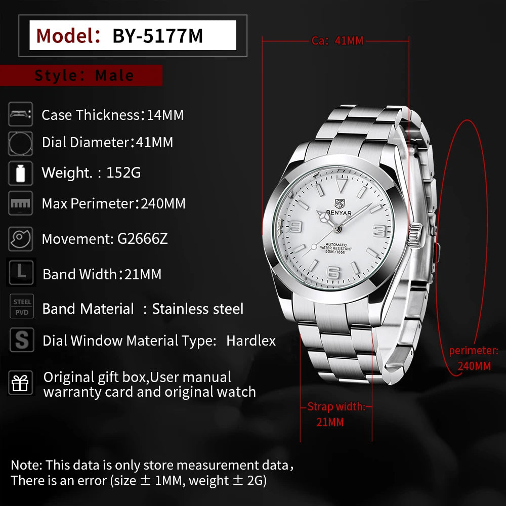 BENYAR 2025 New Men's Automatic Mechanical Watch Business Sports Luxury Men's Watches 50M Waterproof Clock Relogios Masculino