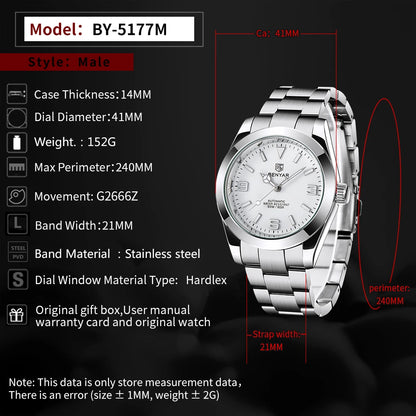 BENYAR 2025 New Men's Automatic Mechanical Watch Business Sports Luxury Men's Watches 50M Waterproof Clock Relogios Masculino