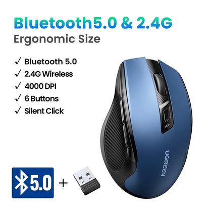 UGREEN Wireless Mouse Bluetooth 5.0 Mouse Ergonomic 4000DPI 6 Mute Buttons Mouse For MacBook Tablet Laptops Computer PC 2.4G Mice