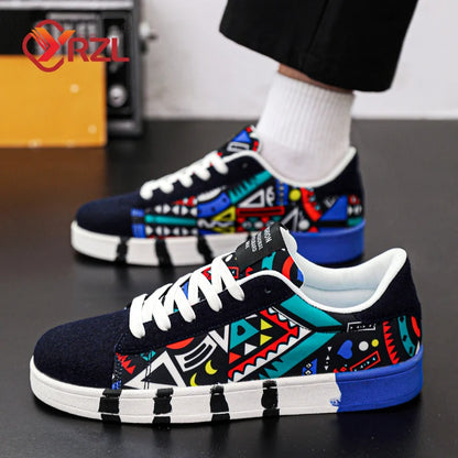 YRZL Men's Sports Running Shoes Canvas Geometric Style Lace-Up Sneakers Couples' Fashionable Graffiti Print Skate Shoes