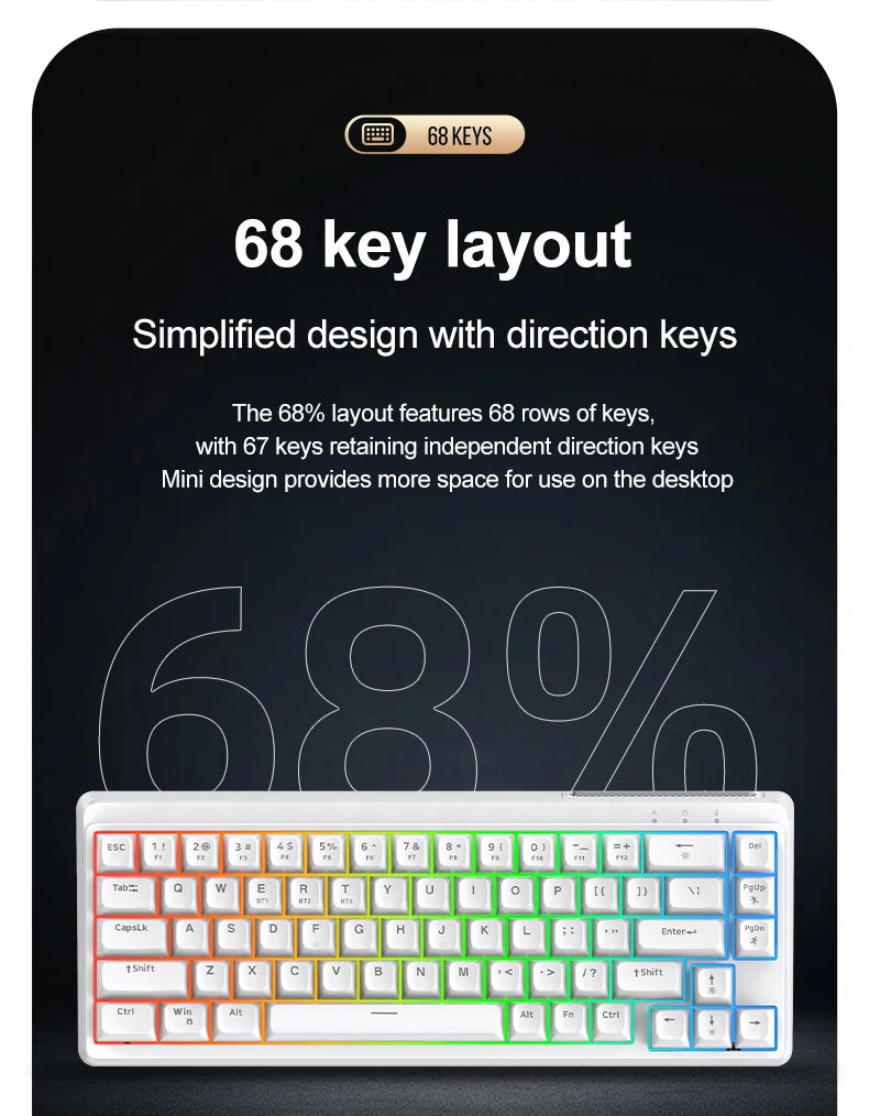 FREEWOLF M68SE Mini-Tastatur mit 68 Tasten, kabelgebunden, RGB-Hintergrundbeleuchtung, Type-C, 68-%-Layout, kompakt, für Gaming, Büro, PC und Laptop