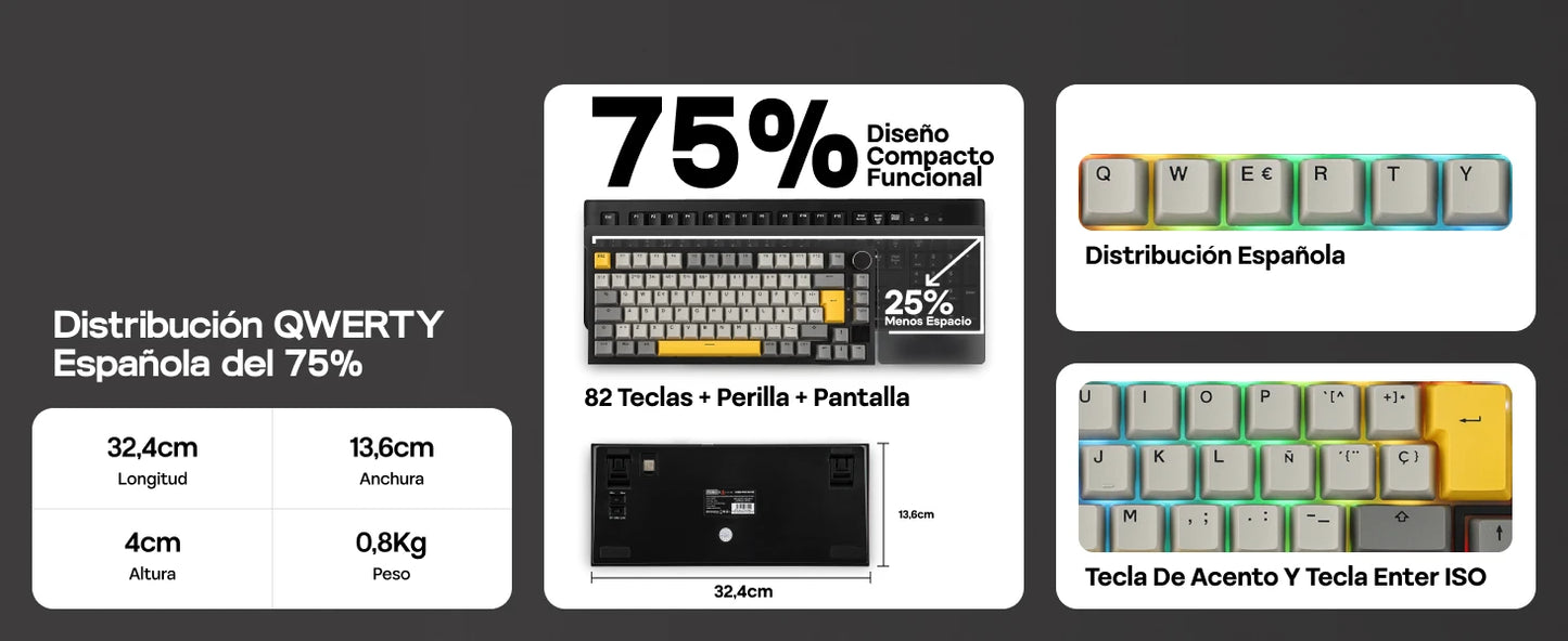 Layout ISO-ES EPOMAKER X AJAZZ AK820 PRO 75% spagnolo, tastiera meccanica cablata/2.4GHz/BT con schermo e manopola per PC/Mac