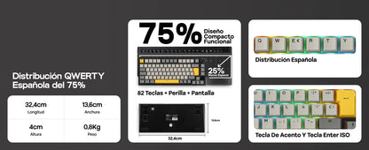 Layout ISO-ES EPOMAKER X AJAZZ AK820 PRO 75% spagnolo, tastiera meccanica cablata/2.4GHz/BT con schermo e manopola per PC/Mac