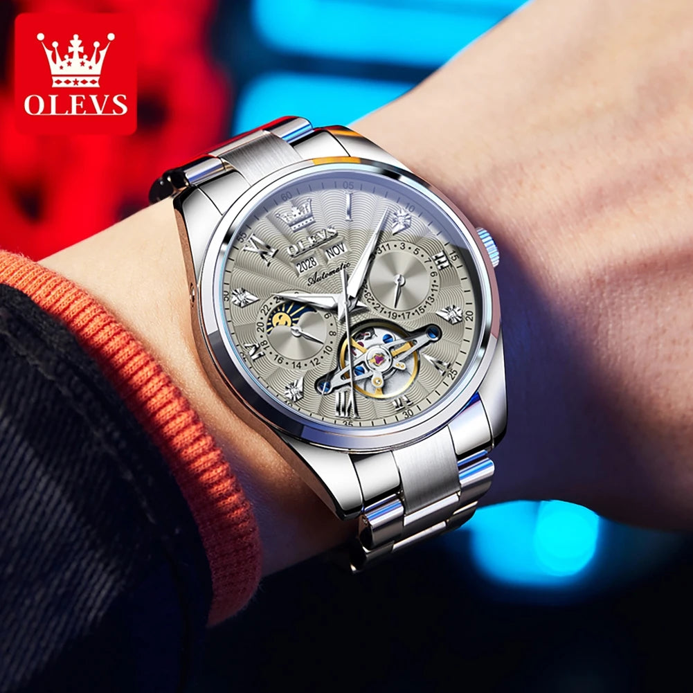 OLEVS 7028 Automatic Mechanical Men's Watch Tourbillon Dial Multifunctional Date Waterproof Luminous Watch for Men