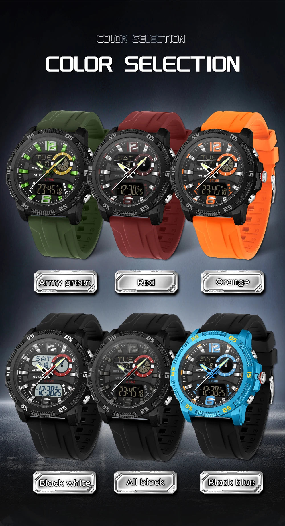 SANDA Fashion Luxury Men's Watches Dual Digital Display Sport Analog Quartz Man Wristwatch Casual Waterproof Silica Chronograph