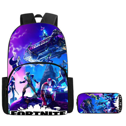 Fortnite Cartoon 2-Piece Set Backpack with Front Pocket Pencil Case Unisex Large Capacity School Bag Ages 5-8