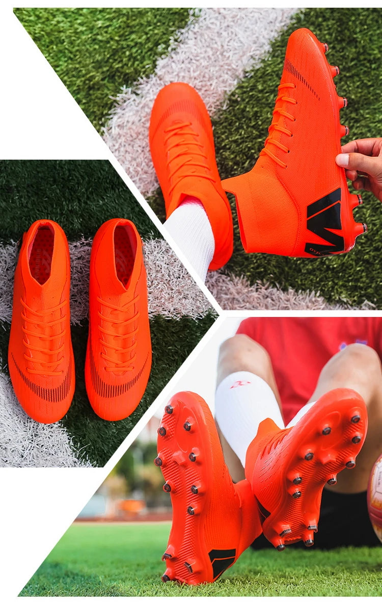 Crampons de Football pour hommes, bottes de Football, crampons d'entraînement, professionnels, résistants à l'usure, antidérapants, longues pointes TF/FG, rouge, nouveau