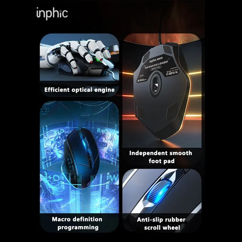 Drátová myš Inphic W1 – e-sportovní herní myš, tichá kancelářská myš, volitelně se třemi nebo šesti tlačítky