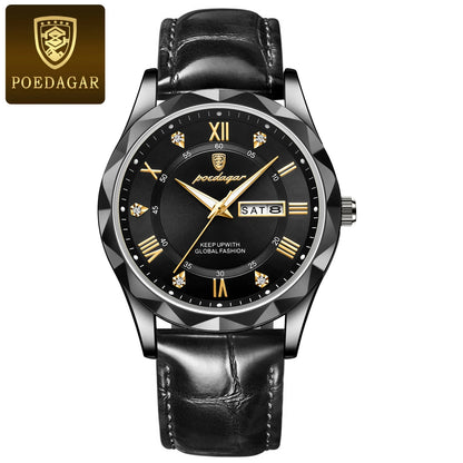 Ceas pentru bărbați POEDAGAR, model original de lux: rezistent la apă, luminescent, cu afișaj pentru dată și zi. Ceas cu cuarț în stil clasic și profesional, prevăzut cu o brățară din piele.