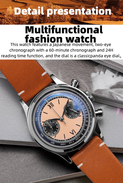ADDIESDIVE AD2037 Men Quartz Watch Multifunctional 24 Hour Chronograph Black Dial Leather Watches  100m Dive Business Wristwatch