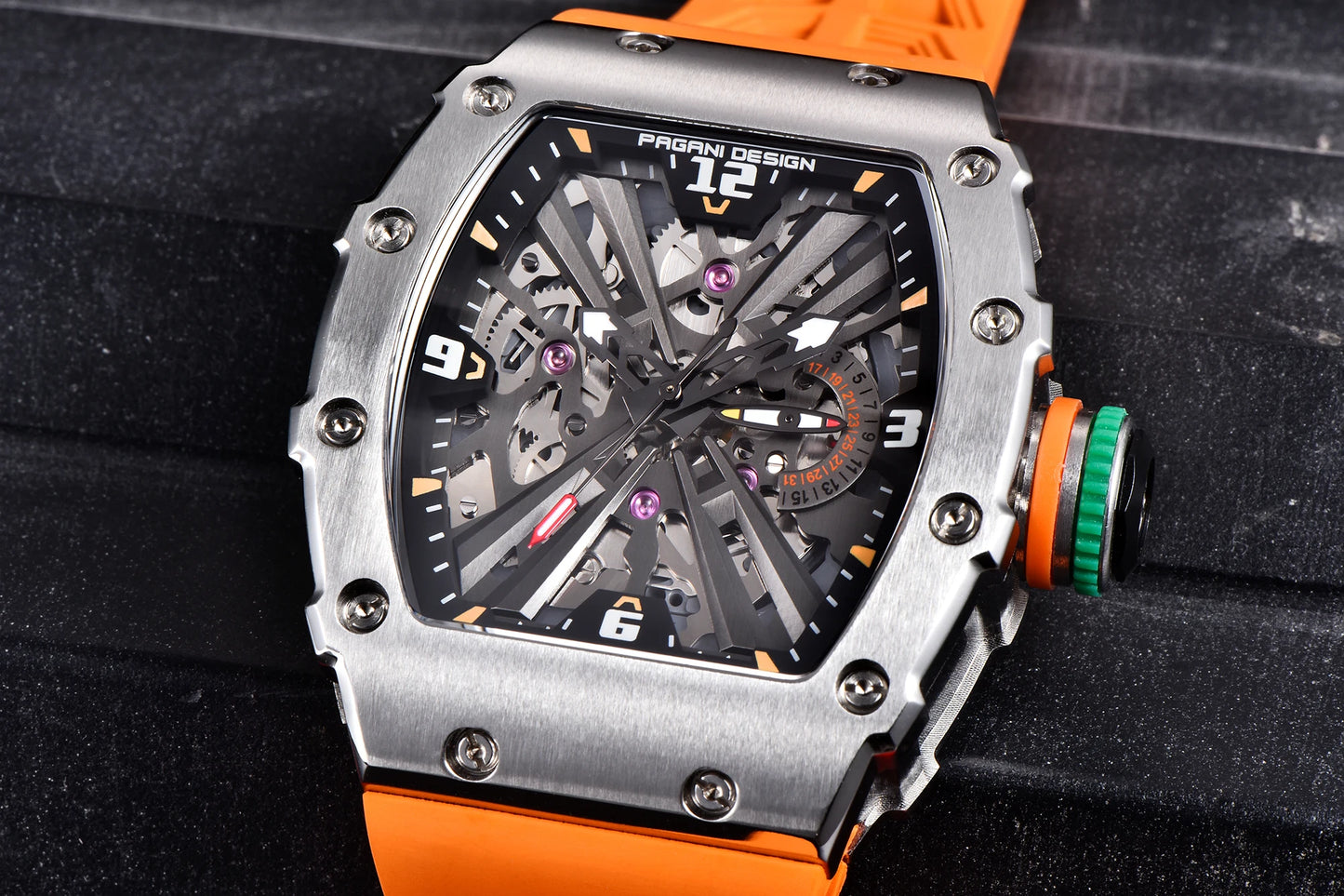 2026 Neue PAGANI DESIGN Herren-Quarzuhr VH65-Uhrwerk, Skeleton-Zifferblatt, 100M wasserdicht, sportliche rechteckige Uhr mit Saphirglas für Herren