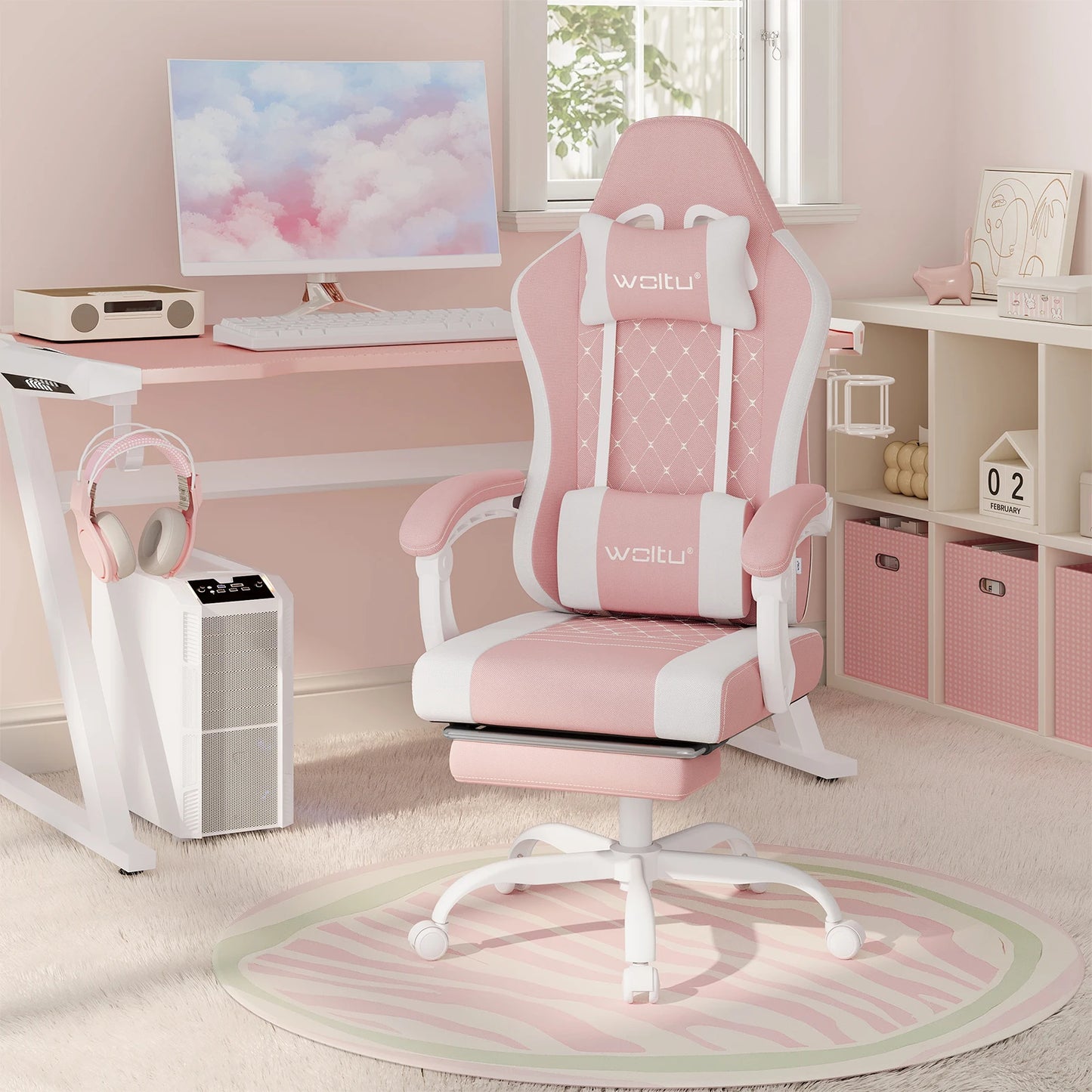 WOLTU Swivel Computer Chair with Massage Function Ergonomic Office Chair with Pillow & Footrest Height Adjustable Gaming Chair