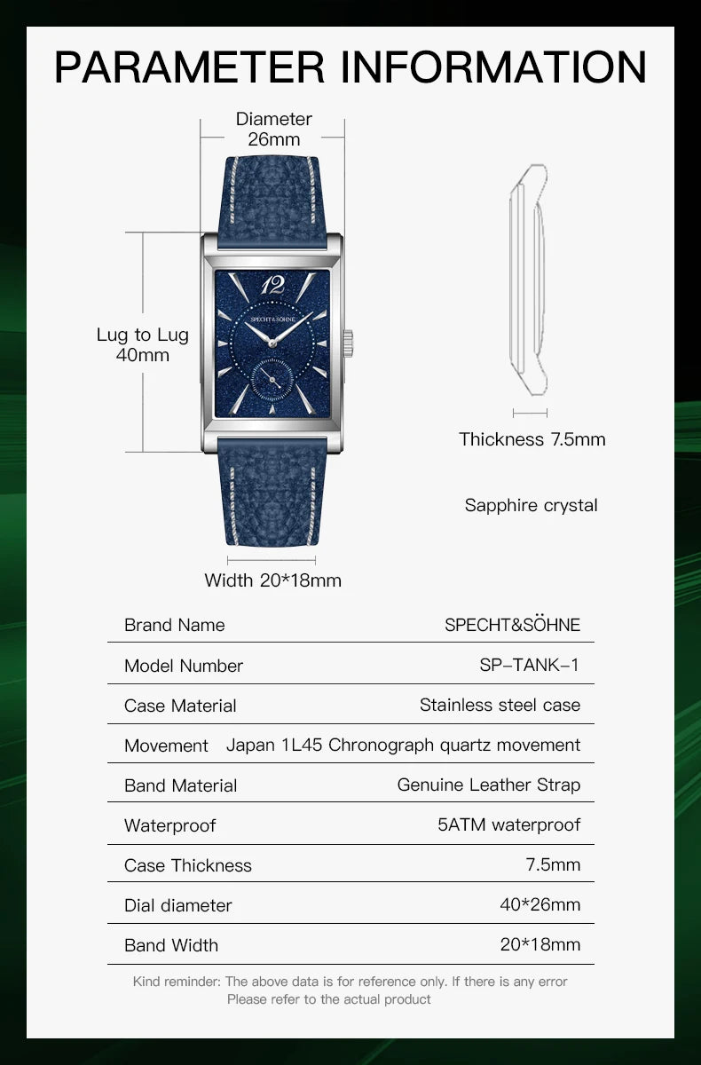 2025 New Fashion Specht & Söhne Square Watch Men's Watches Ultrathin Japan Movement Casual Men's Watch Black Color Men's Watch 26MM
