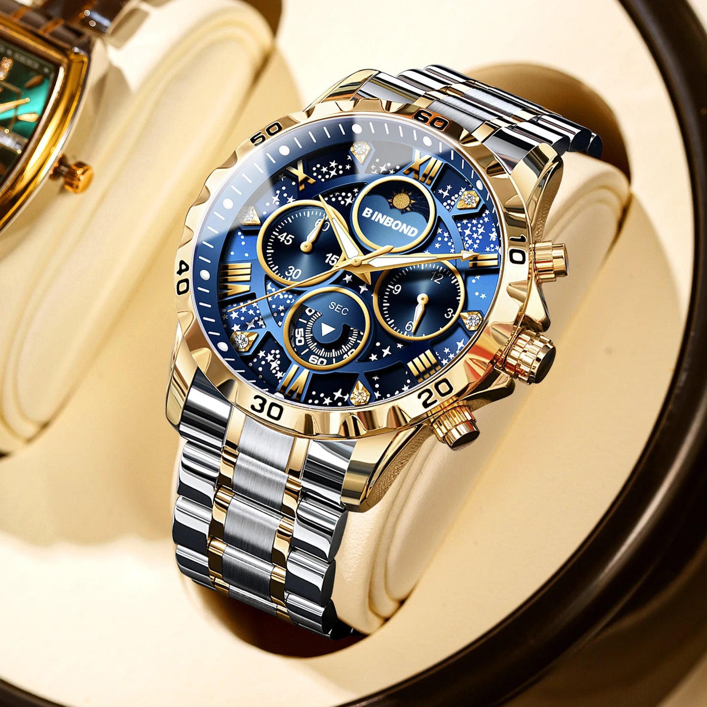 2026 Men Watch Light Luxury Business Steel Belt Moonphase Starry Night Light Waterproof Men's Fashion Quartz Clock Watches Gift