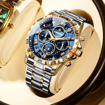 2026 Men Watch Light Luxury Business Steel Belt Moonphase Starry Night Light Waterproof Men's Fashion Quartz Clock Watches Gift