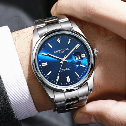 CHRONOS men’s wristwatch – Luxury brand, water-resistant, luminous, with date display, made of stainless steel, quartz movement.
