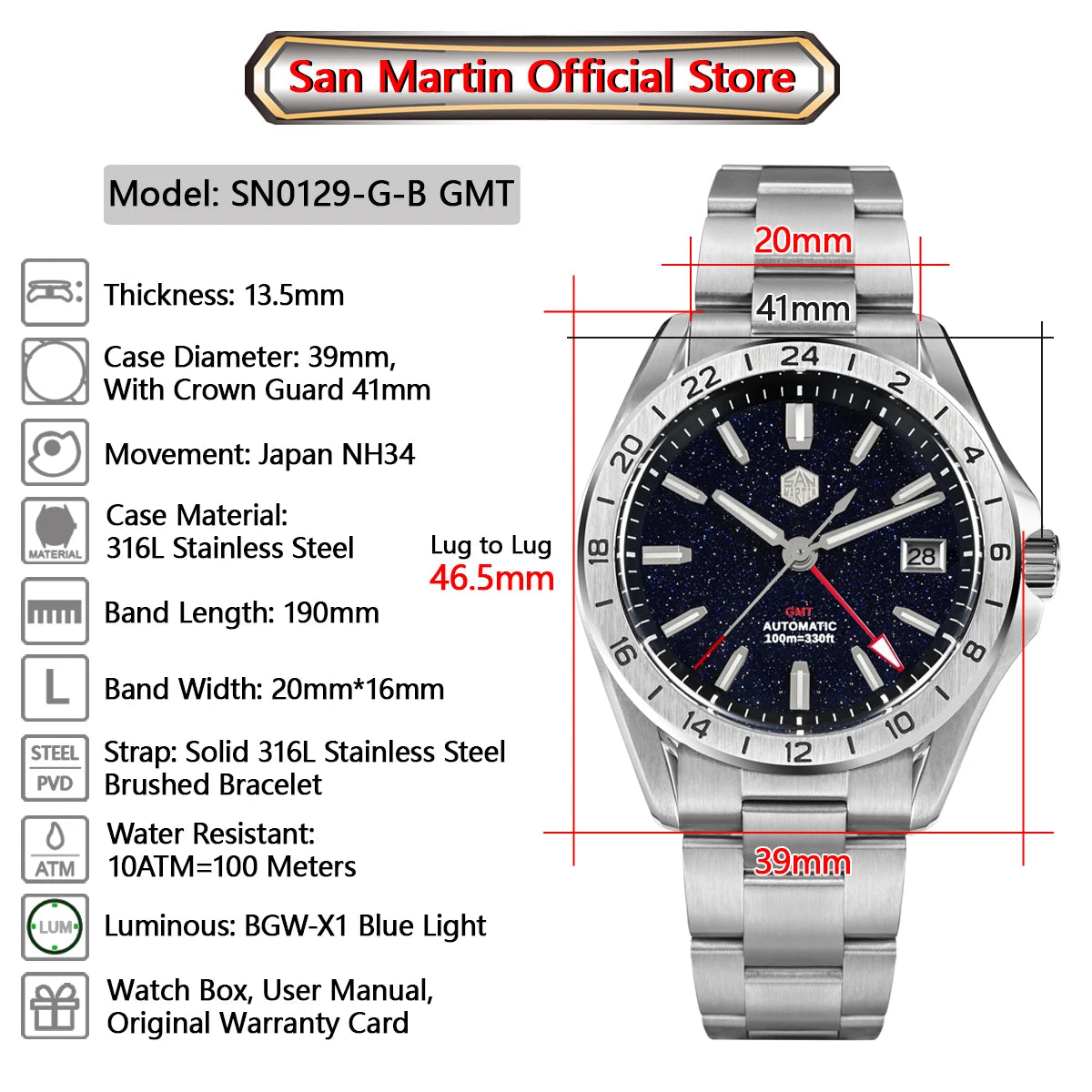 San Martin 39mm Aventurine Gemstone Dial Luxury Men's Watch NH34 GMT Automatic Mechanical Sapphire Waterproof Luminous SN0129