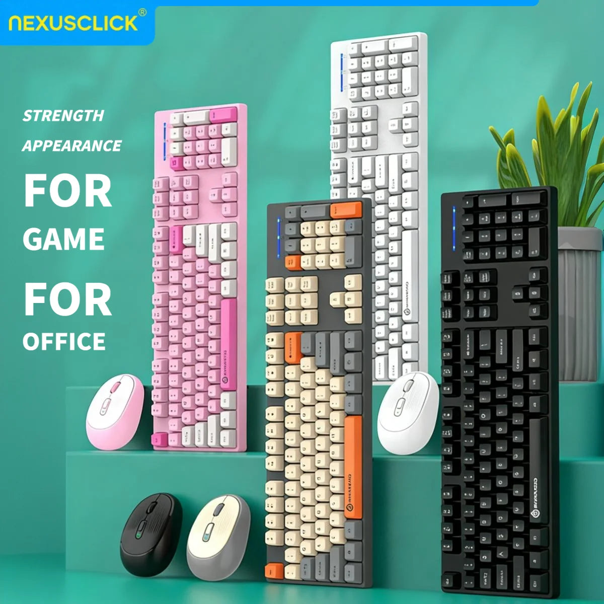 Set inalámbrico de teclado y ratón gaming de oficina NexusClick, ahorro de energía inteligente, tamaño completo, 104 teclas, 1600DPI ajustable, USB para portátil y PC