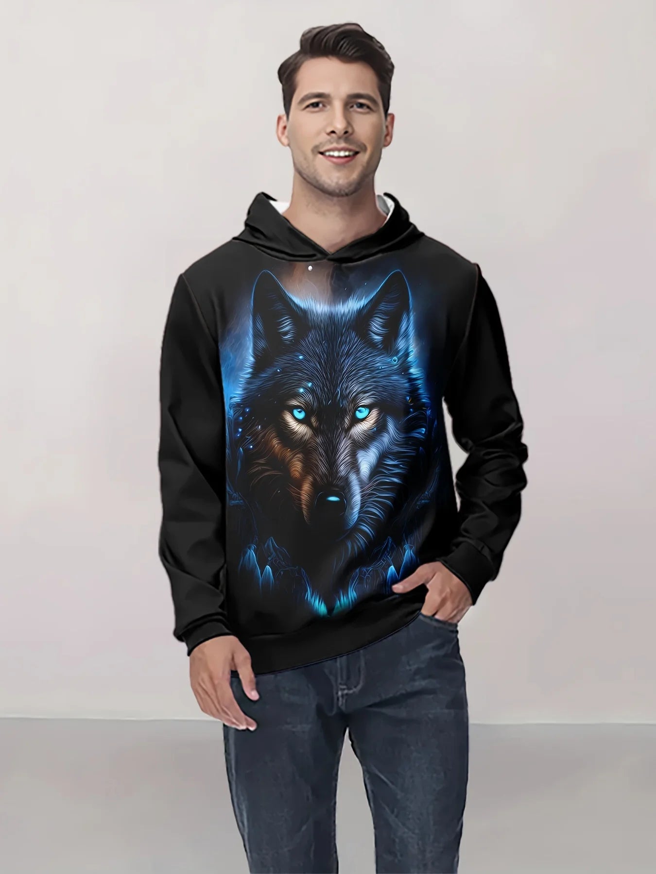 2025 Fashion Men's Autumn Wolf Printed Comfortable Soft Hooded Sports Shirt Outdoor City Street Top