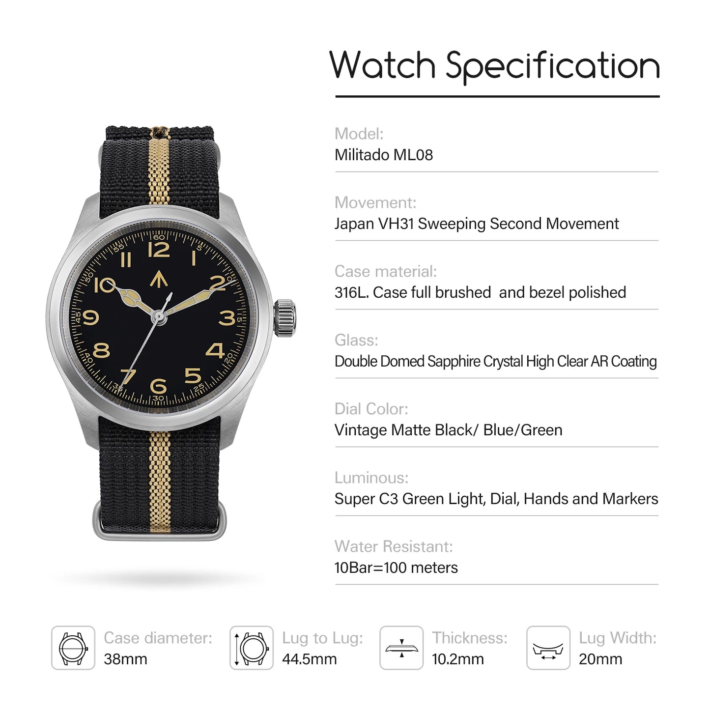 Militado ML08 38mm Quartz Watch VH31 Movement Double Domed Sapphire Crystal Wristwatch Super C3 Green Luminous Vintage Watches