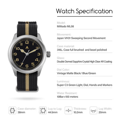 Militado ML08 38mm Quartz Watch VH31 Movement Double Domed Sapphire Crystal Wristwatch Super C3 Green Luminous Vintage Watches