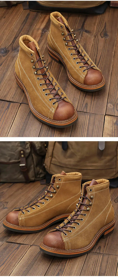 KOWM Cowhide Hiking Shoes Men's Walking Boot British Trekking Shoes Thick-Soled Cowhide High-Top Motorcycle Boots Ankle Sneakers