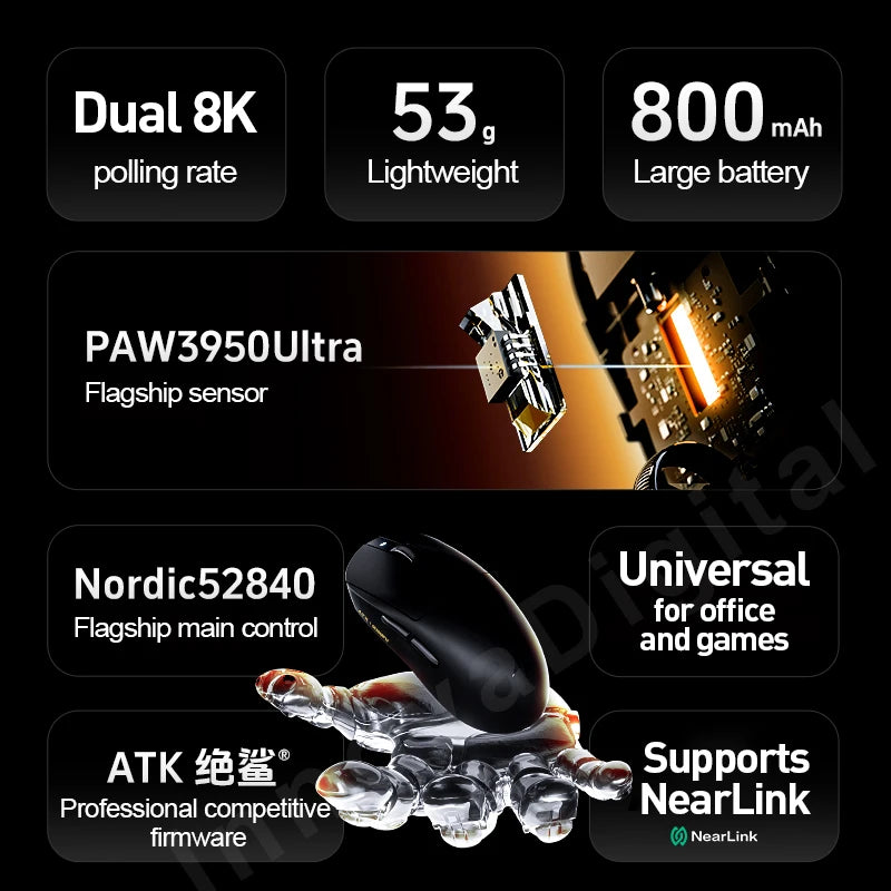ATK Dragonfly A9 Ultra Wireless Gaming Mouse PAW3950, Tri-Mode 8K Gaming Mouse, Ultra-Lightweight Ergonomic Wireless Gaming Mouse for FPS & Esports