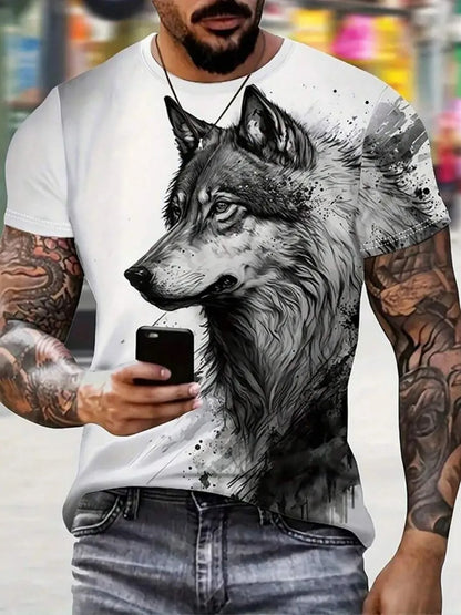 Fashionable Summer Men's Dominant Wolf Print Pattern Breathable Round Neck T-shirt Outdoor High Street Casual Top