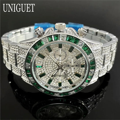 Hot Fashion Green Watches Men Brand UNIGUET Luxury Stainless Steel Hip Hop Rainbow Diamond Quartz Wristwatch Male Dropshipping ﻿