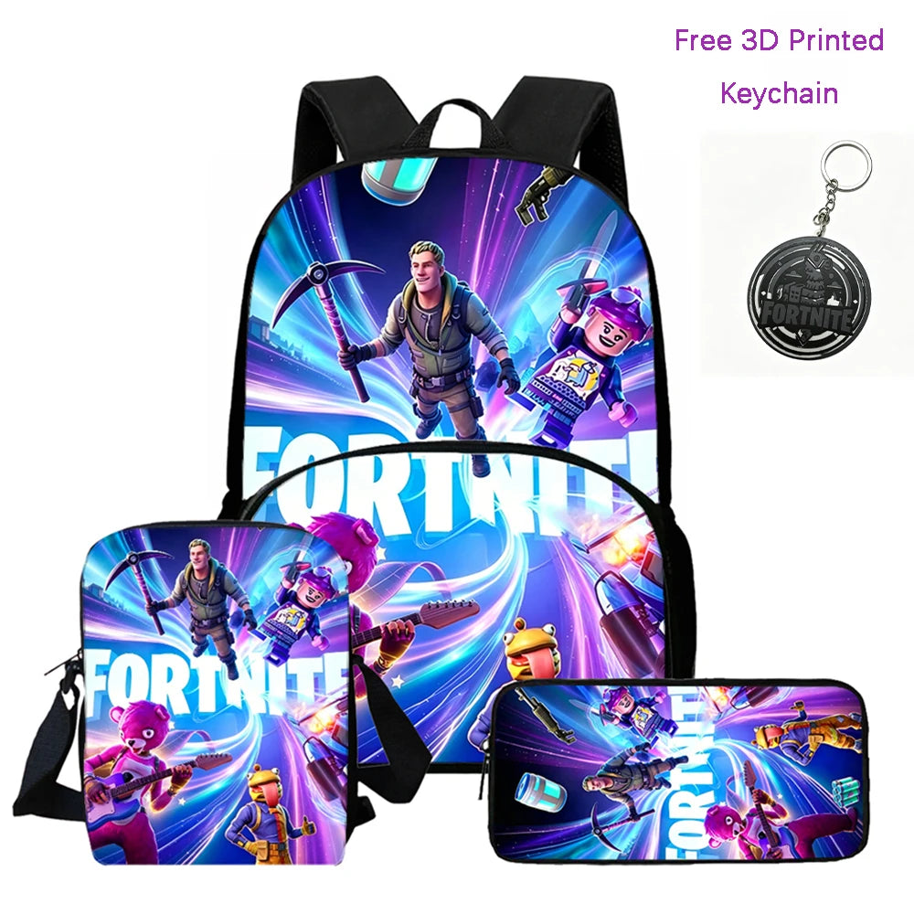 FORTNITE 3-Piece Lightweight Backpack Set with Front Pocket, Crossbody Bag & Pencil Case for Ages 5-10 Boys and Girls, Includes Free 3D Printed Keychain