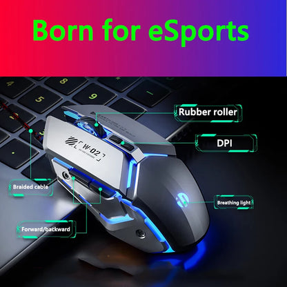 Mouse de gaming cu fir USB Inphic W2 a 2-a generație, clic silențios, stil metalic, 6 taste, programare macro, 8800DPI