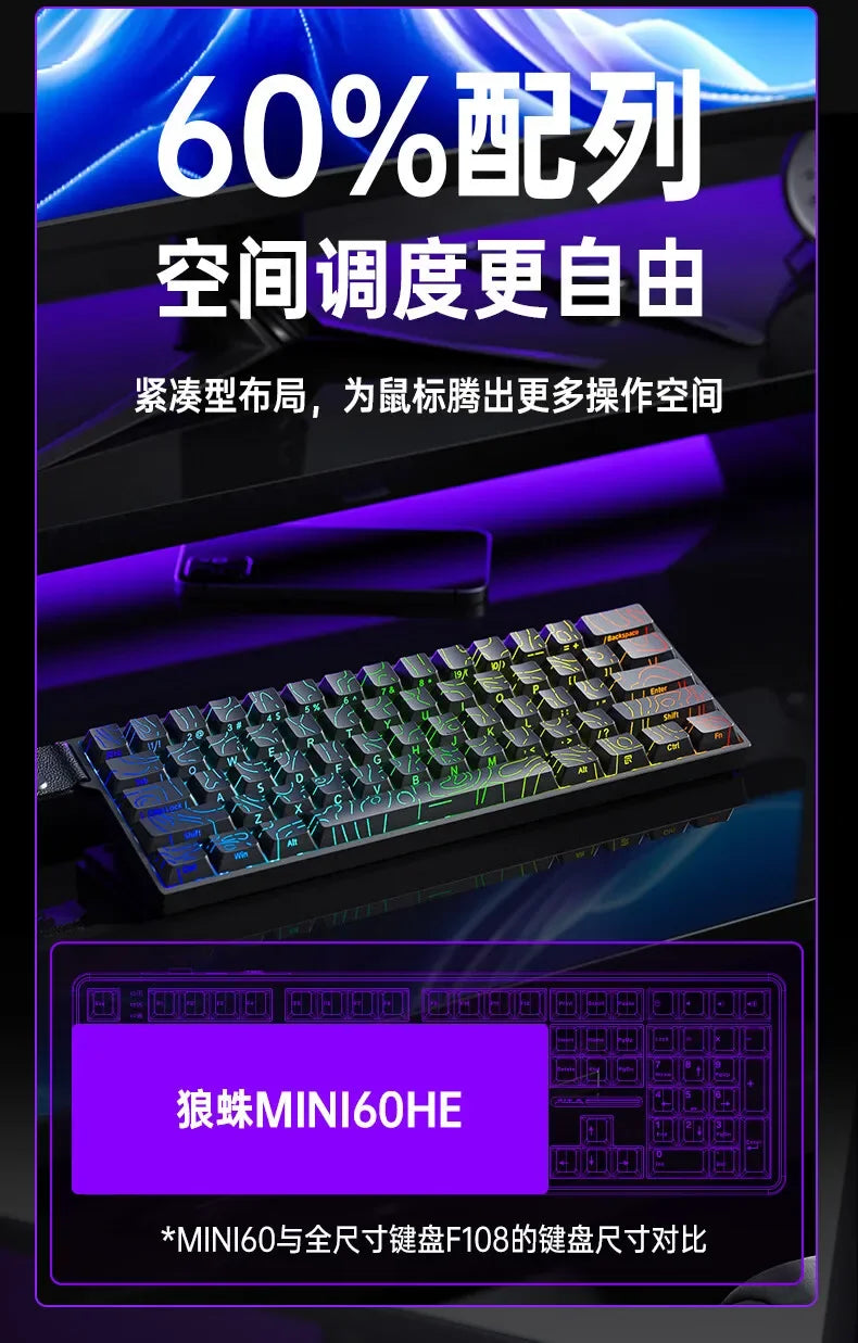 AULA Mini60 HE Magnetic Switch Keyboard RGB Tri-Mode Wireless Mechanical Keyboard, 8000Hz Gaming Keyboard with 0.01mm Rapid Trigger, Bluetooth, 2.4GHz & USB-C