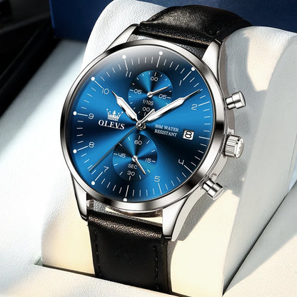 Moška ura OLEVS 2880 – eleganten in preprost kronograf, usnjena zapestnica, samodejni prikaz datuma, vodotesna, svetleče kazalce, kvarčni mehanizem.