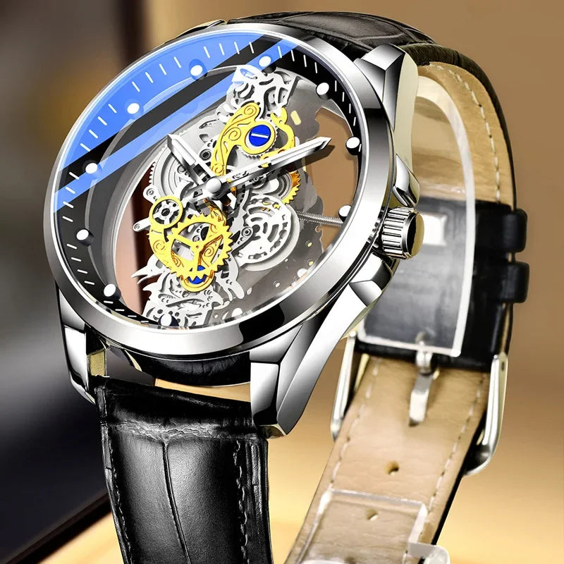 Montre tendance pour homme, modèle à double ouverture, style luxe doré, imitation tourbillon mécanique, mouvement à quartz.