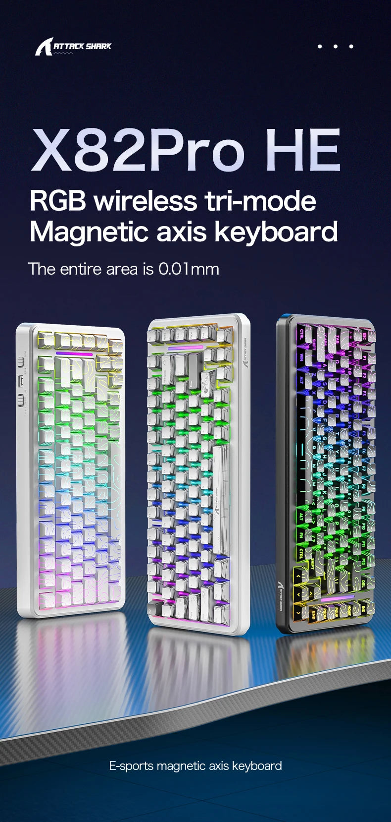 ATTACK SHARK X82Pro HE Wireless Magnetic Axis Gaming Keyboard 8KHz Rate 0.01mm RT Precision 5000mAh Tri Mode RGB 82 Keys PBT