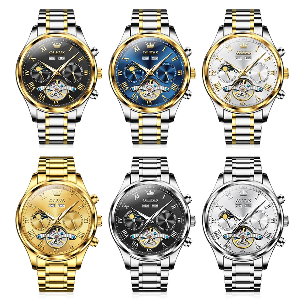 OLEVS 7005 Classic Business Mechanical Wristwatch for Men Skeleton Flywheel 24 Hour Moon Phase Calendar Luxury Men's Watch