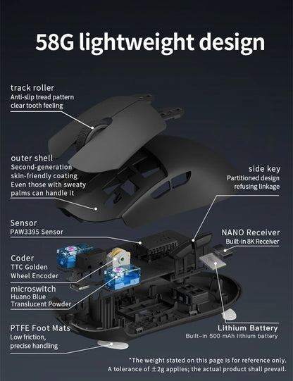Mouse de gaming Darmoshark M3 V2 Double 8K, wireless, tri-mode, 26K DPI, senzor PAW3395, mouse macro pentru gaming, pentru mâini mari, computer, laptop și PC