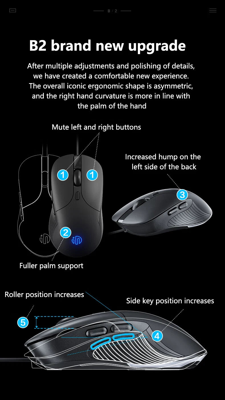 INPHIC B2 USB-Kabelmaus – leise Office- und Gaming-Maus für PCs und Laptops
