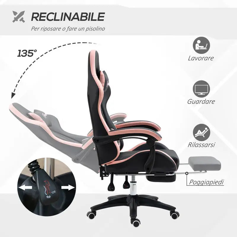 Adjustable Height Gaming Chair with Headrest, 65X65X121-129 Cm, Pink and Black