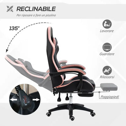 Adjustable Height Gaming Chair with Headrest, 65X65X121-129 Cm, Pink and Black