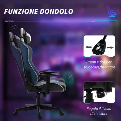 Gaming Chair Reclining 150 ° with Rocking Function, in Linen Effect Fabric, 66X53X128-138 Cm, Gray