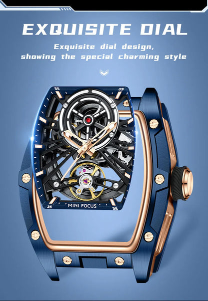 MINI FOCUS Orologio da polso da uomo fashion nero impermeabile, automatico meccanico, con lancette luminose, cinturino in silicone e quadrante tonneau